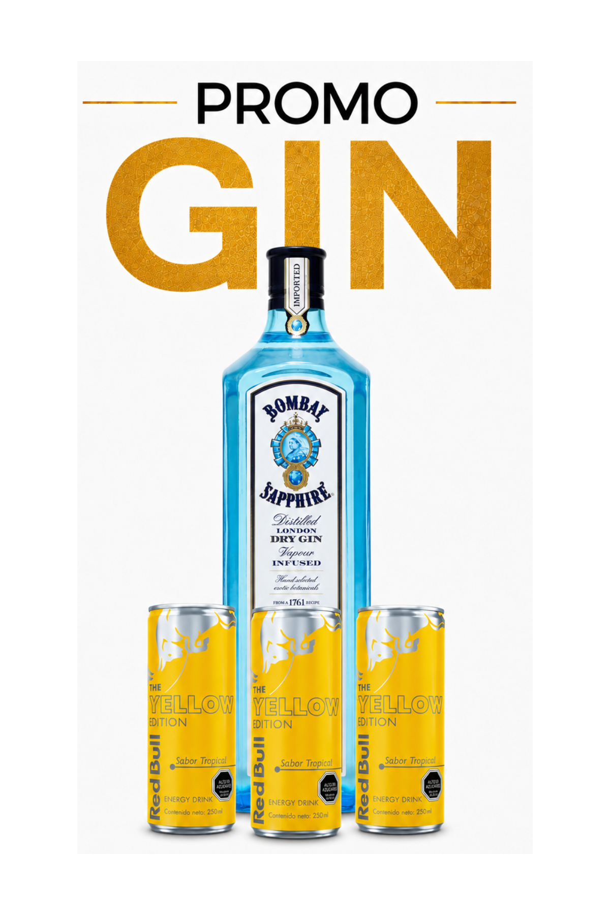 Promo Gin Bombay 750ml + 3 Latas Red Bull Tropical 250ml