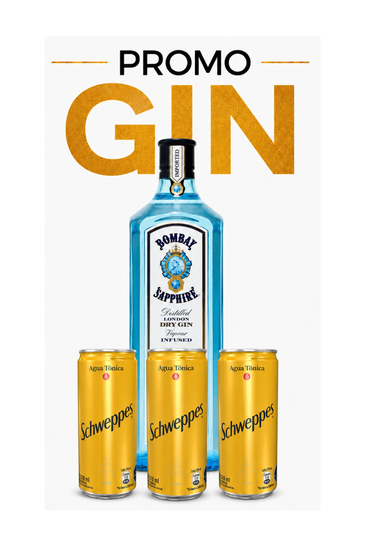 Promo Gin Bombay 750ml + 3 Lata Tónica Schweppes 330ml
