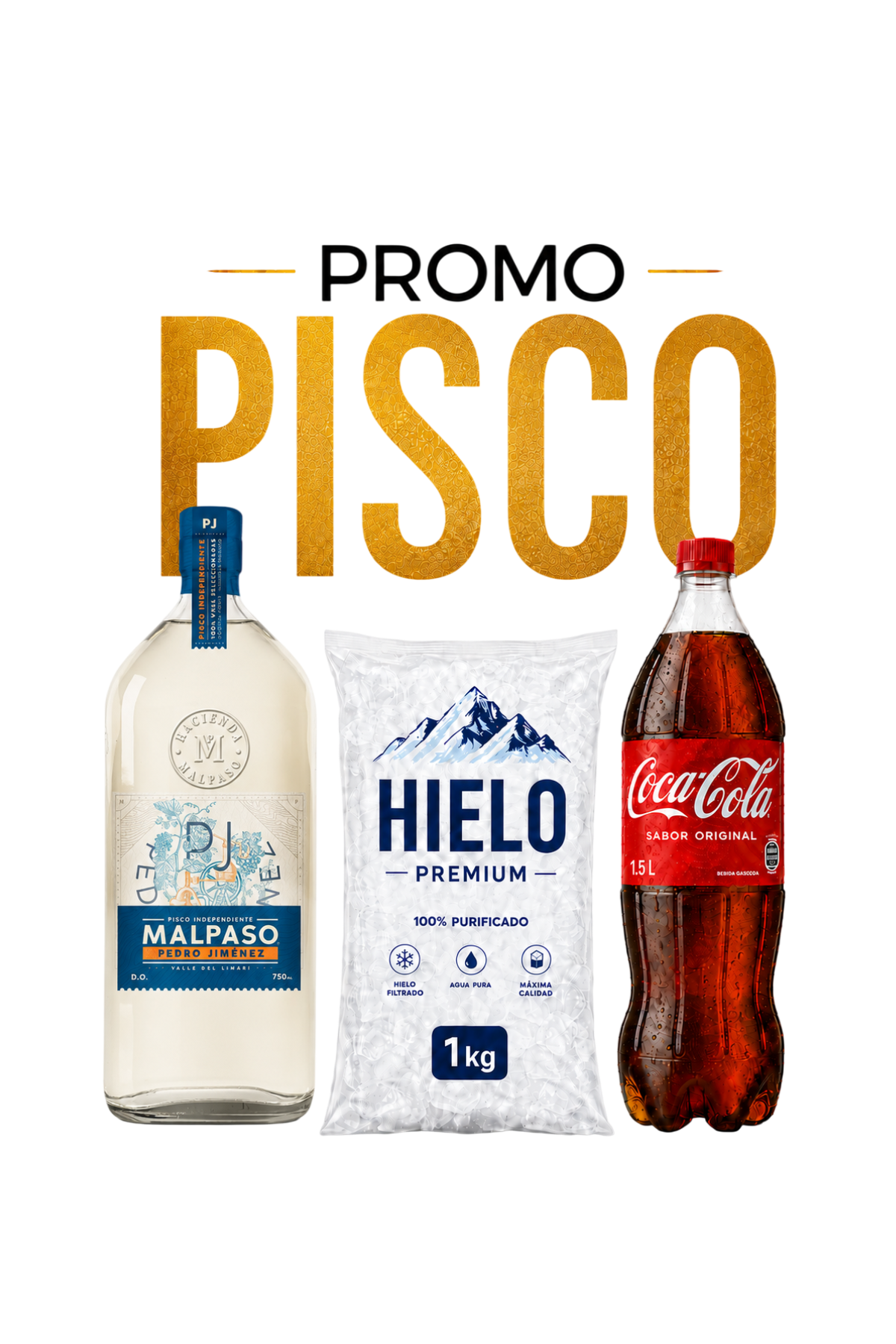 Promo Pisco Mal Paso P. Jimenez + Coca-Cola 1.5Lts + Hielo 1Kg