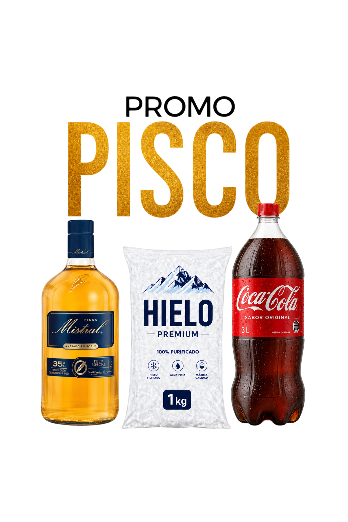 Promo Pisco Mistral 35° 1Lt + Coca-Cola 3Lts + Hielo 1Kg