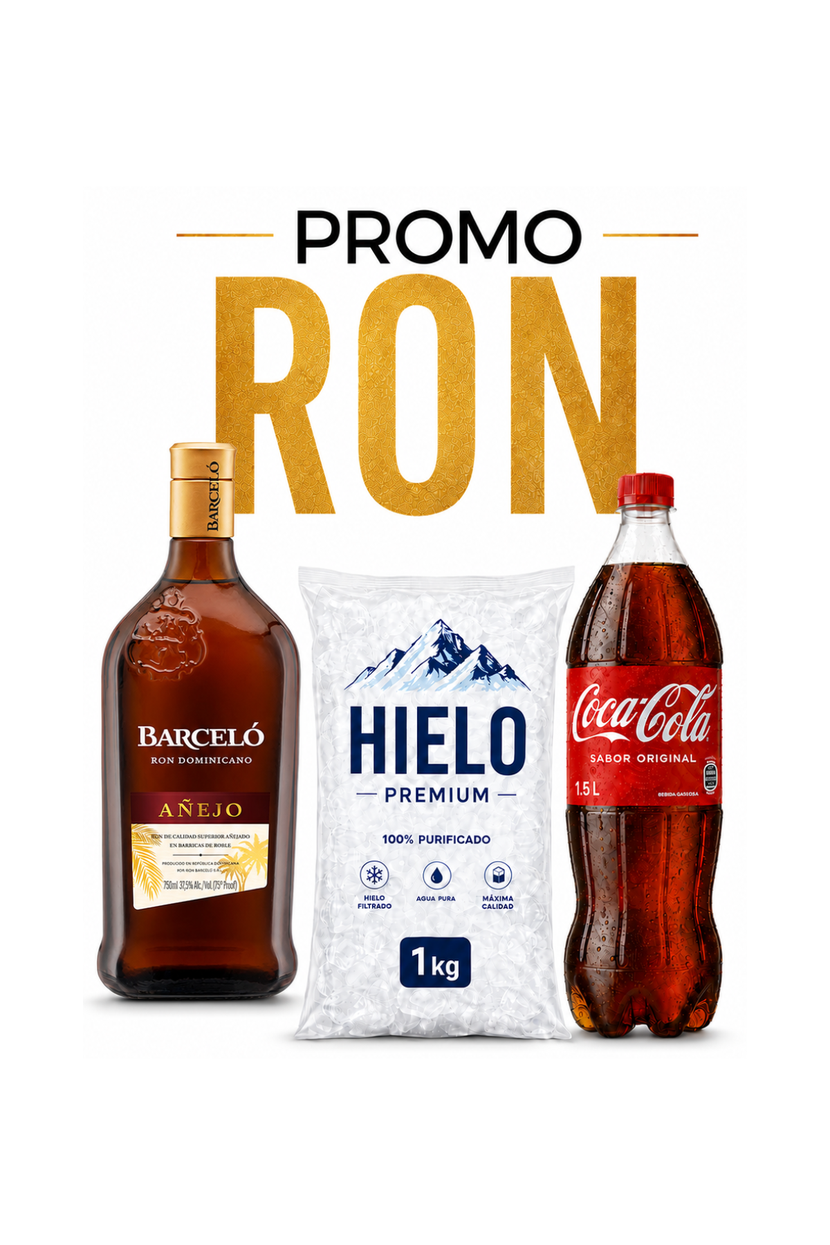 Promo Ron Barcelo Añejo 750ml + Coca-Cola 1.5Lts + Hielo 1Kg