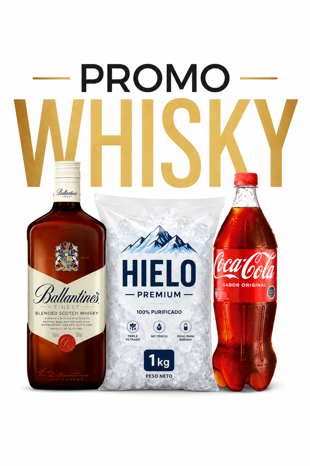 Promo whisky - Ballatines 750ml + Coca-Cola 1.5lts + Hielo 1Kg