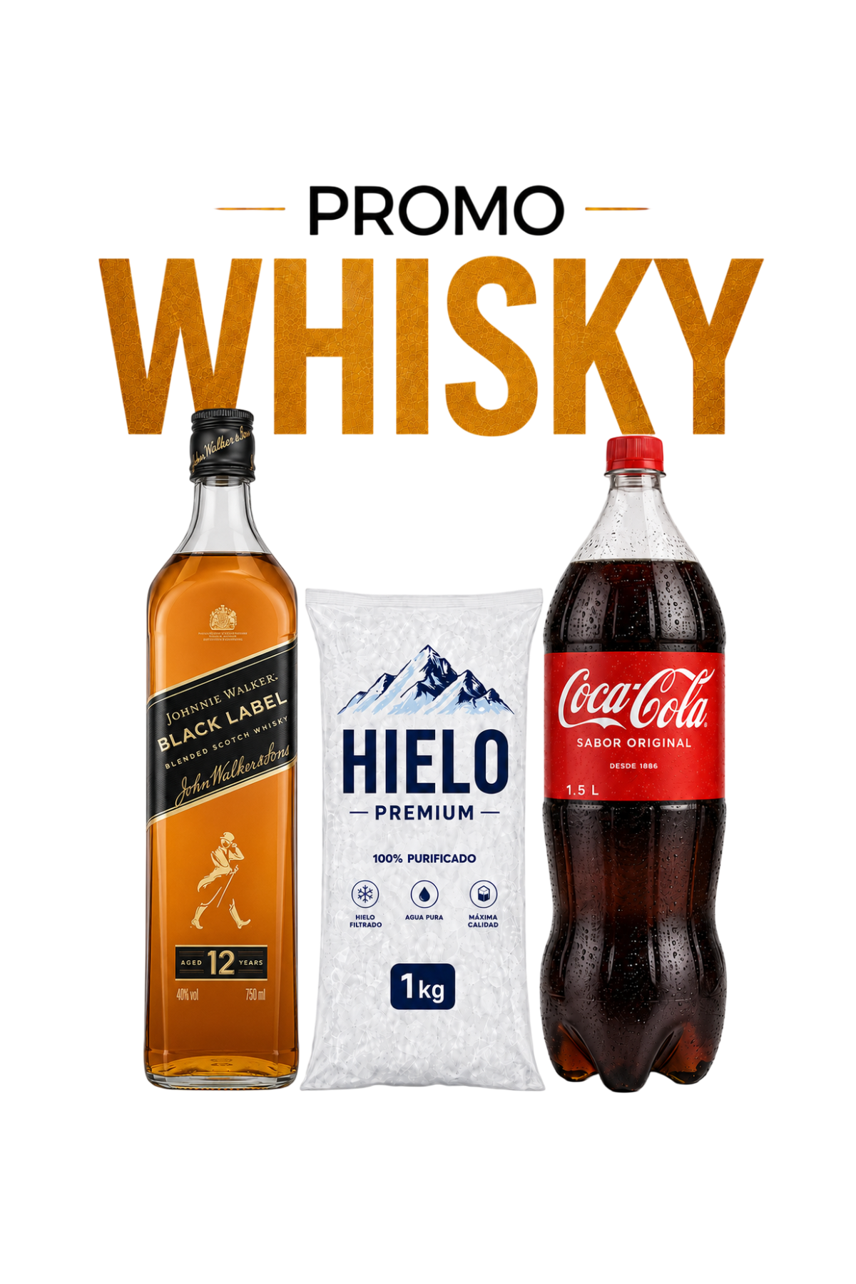 Promo Whisky Johnnie Walker Black Label 750ml + Coca-Cola 1.5Lts + Hielo 1Kg